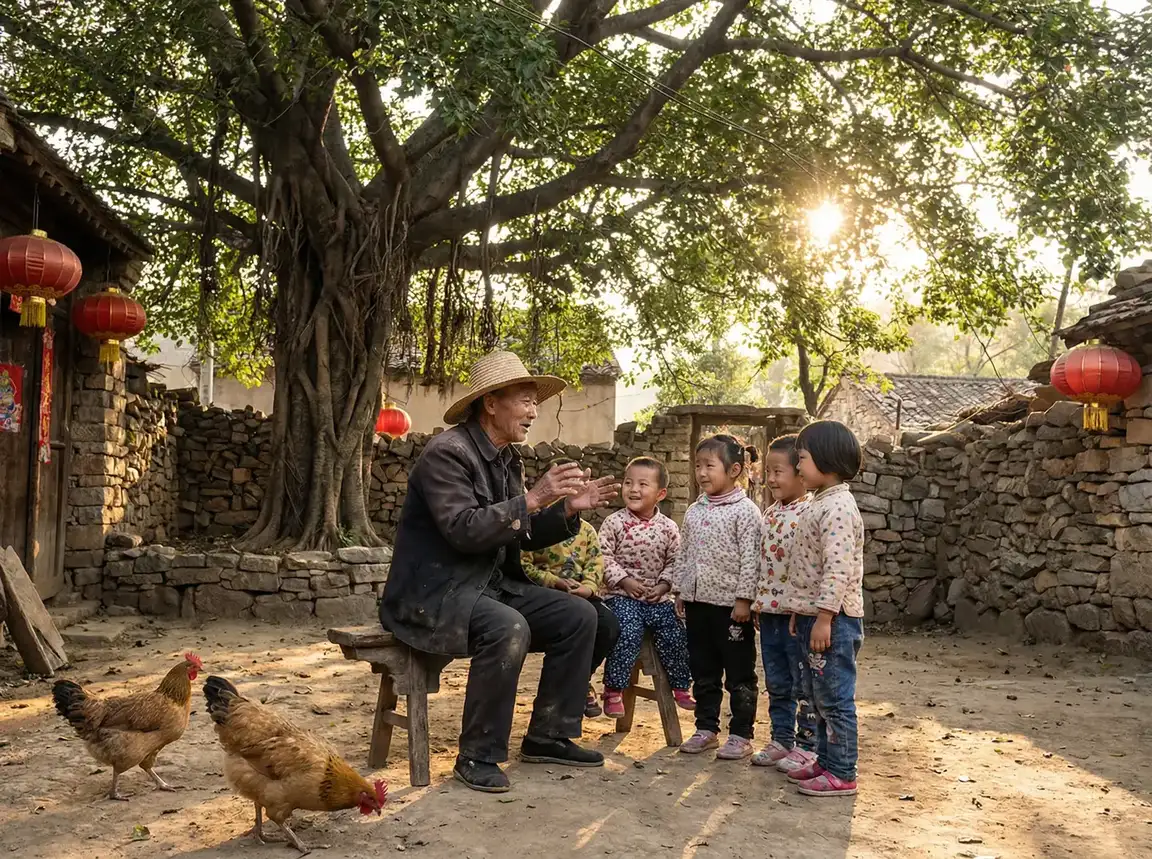老人在大榕树下给孩子们讲故事 - 奥拉星凯撒 乡村记忆